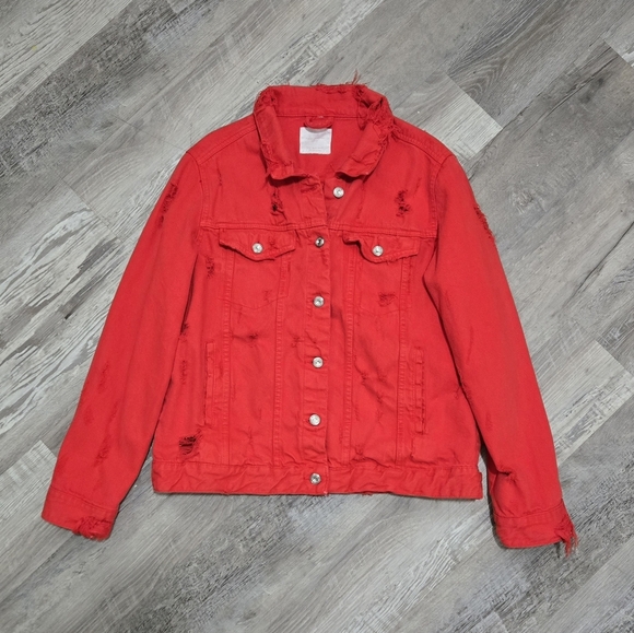 ZARA Jean Jacket Cotton Women's Size Medium Red Distressed Denim - Picture 1 of 15